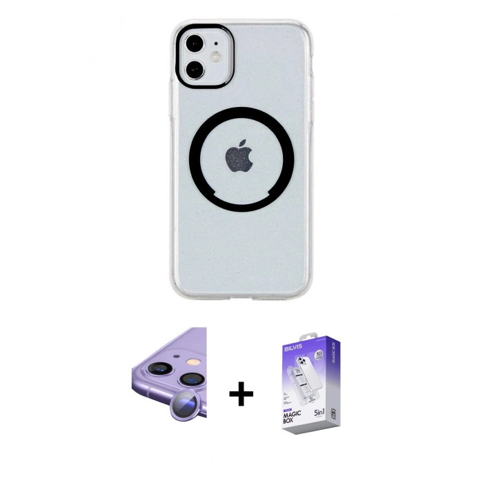 MARSİLYAN™- iPhone 11 Kılıf Pusula Form - Siyah Bilvis 5in1 3D Magic Cam Ekran Koruyucu + Raze Metal Kamera Lens - MR