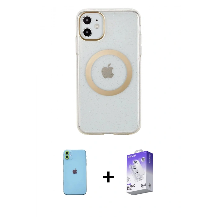 MARSİLYAN™- iPhone 11 Kılıf Pusula Form - Siyah Bilvis 5in1 3D Magic Cam Ekran Koruyucu + Neon Fosforlu Kamera Lens - YL