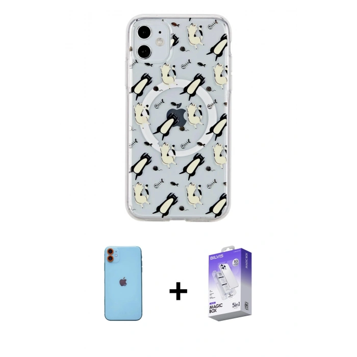 MARSİLYAN™- iPhone 11 Kılıf Pusula Form - Siyah Bilvis 5in1 3D Magic Cam Ekran Koruyucu + Neon Fosforlu Kamera Lens - TU