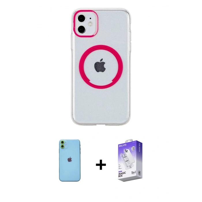 MARSİLYAN™- iPhone 11 Kılıf Pusula Form - Siyah Bilvis 5in1 3D Magic Cam Ekran Koruyucu + Neon Fosforlu Kamera Lens - YL