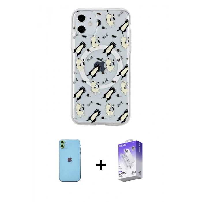 MARSİLYAN™- iPhone 11 Kılıf Pusula Form - Siyah Bilvis 5in1 3D Magic Cam Ekran Koruyucu + Neon Fosforlu Kamera Lens - YL