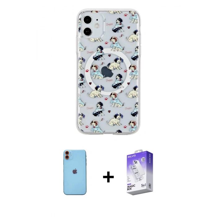 MARSİLYAN™- iPhone 11 Kılıf Pusula Form - Siyah Bilvis 5in1 3D Magic Cam Ekran Koruyucu + Neon Fosforlu Kamera Lens - TU