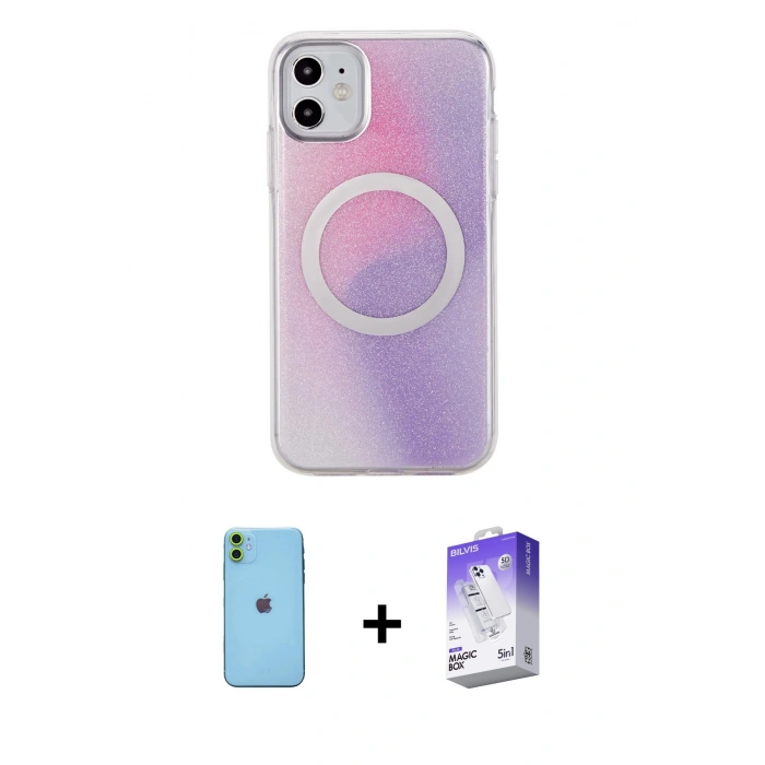 MARSİLYAN™- iPhone 11 Kılıf Pusula Form - Siyah Bilvis 5in1 3D Magic Cam Ekran Koruyucu + Neon Fosforlu Kamera Lens - YL