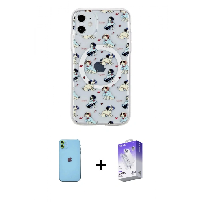 MARSİLYAN™- iPhone 11 Kılıf Pusula Form - Siyah Bilvis 5in1 3D Magic Cam Ekran Koruyucu + Neon Fosforlu Kamera Lens - YL