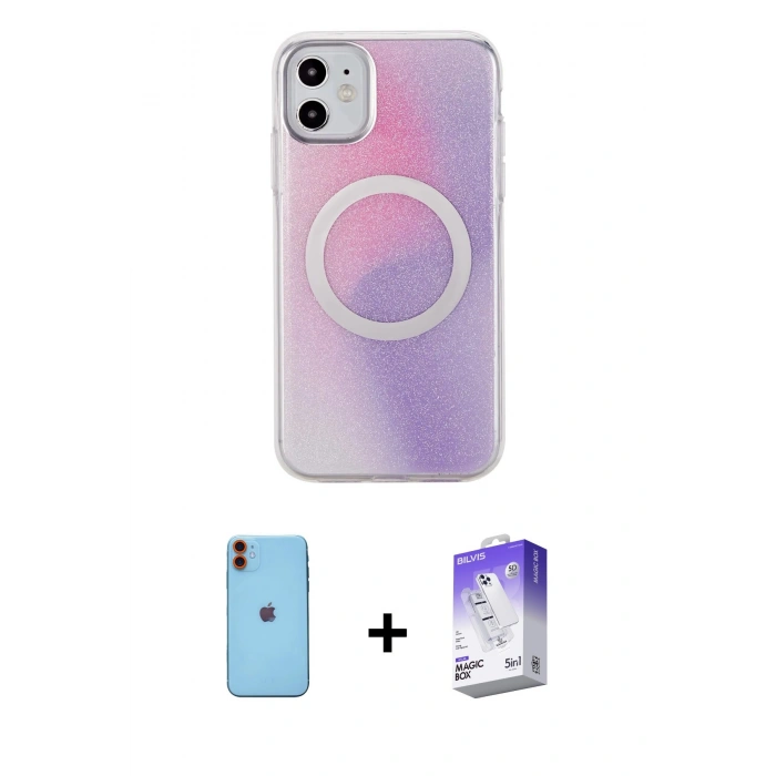 MARSİLYAN™- iPhone 11 Kılıf Pusula Form - Siyah Bilvis 5in1 3D Magic Cam Ekran Koruyucu + Neon Fosforlu Kamera Lens - TU