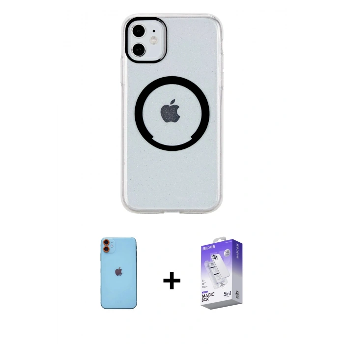 MARSİLYAN™- iPhone 11 Kılıf Pusula Form - Siyah Bilvis 5in1 3D Magic Cam Ekran Koruyucu + Neon Fosforlu Kamera Lens - TU