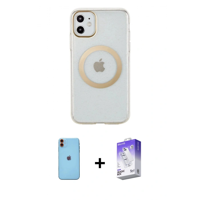 MARSİLYAN™- iPhone 11 Kılıf Pusula Form - Siyah Bilvis 5in1 3D Magic Cam Ekran Koruyucu + Neon Fosforlu Kamera Lens - TU