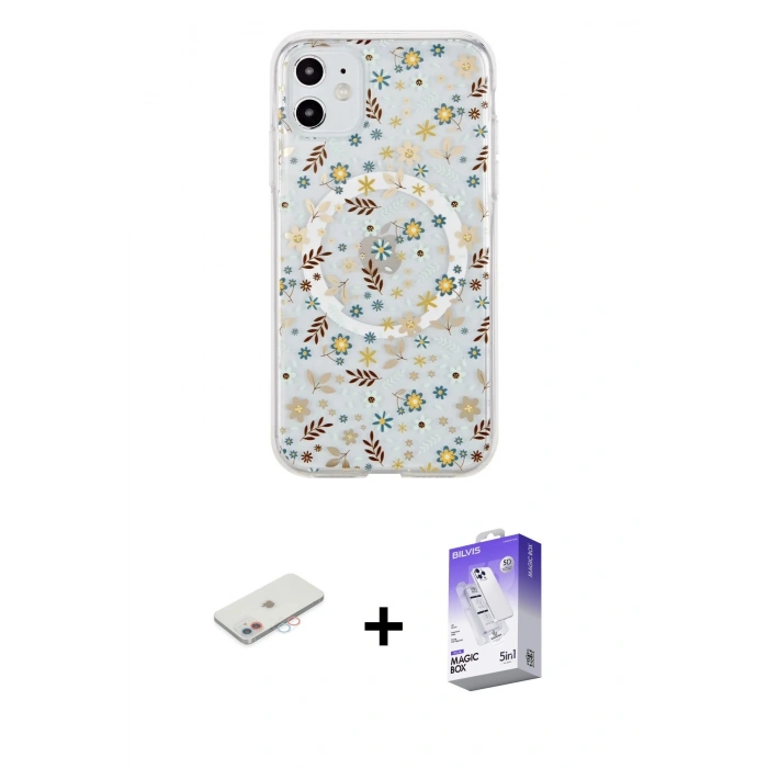 MARSİLYAN™- iPhone 11 Kılıf Pusula Form - Siyah Bilvis 5in1 3D Magic Cam Ekran Koruyucu + Renkli Kamera Lens Koruma Cam - PE