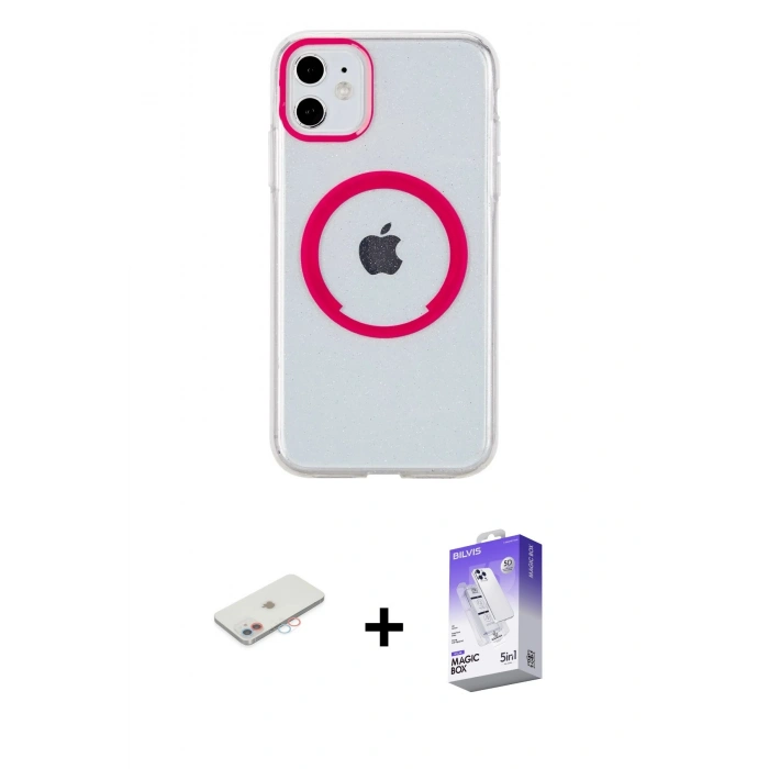 MARSİLYAN™- iPhone 11 Kılıf Pusula Form - Siyah Bilvis 5in1 3D Magic Cam Ekran Koruyucu + Renkli Kamera Lens Koruma Cam - PE