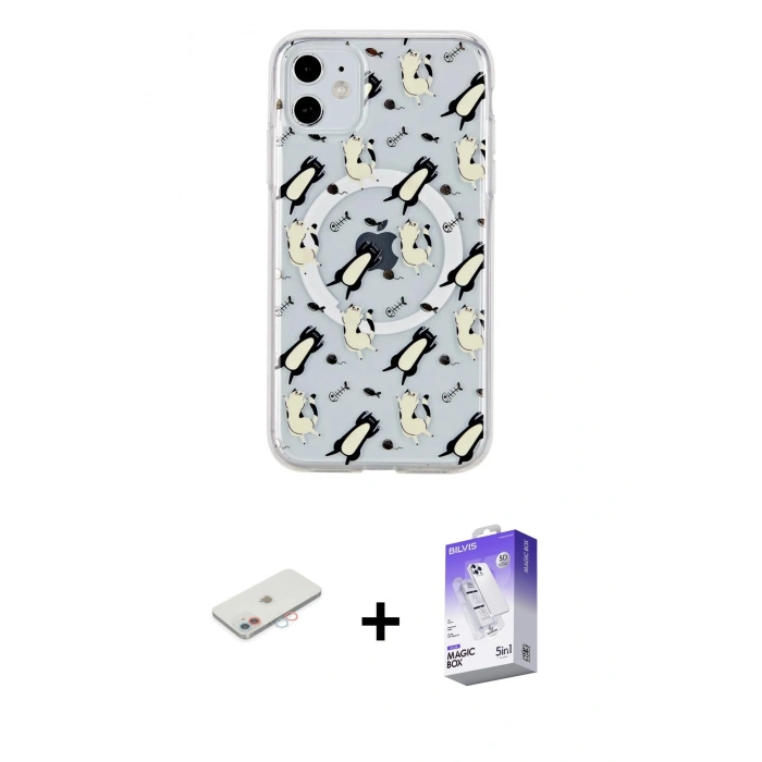 MARSİLYAN™- iPhone 11 Kılıf Pusula Form - Siyah Bilvis 5in1 3D Magic Cam Ekran Koruyucu + Renkli Kamera Lens Koruma Cam - PE