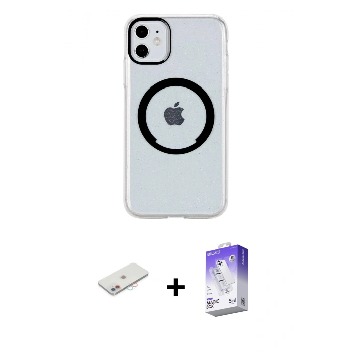 MARSİLYAN™- iPhone 11 Kılıf Pusula Form - Siyah Bilvis 5in1 3D Magic Cam Ekran Koruyucu + Renkli Kamera Lens Koruma Cam - PE