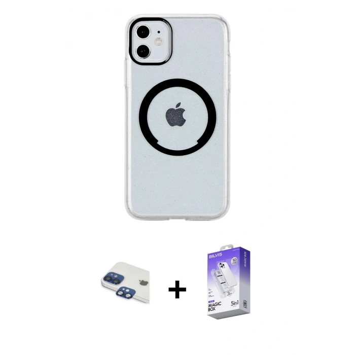 MARSİLYAN™- iPhone 11 Kılıf Pusula Form - Siyah Bilvis 5in1 3D Magic Cam Ekran Koruyucu + Pers Alüminyum Kamera Lens - LT