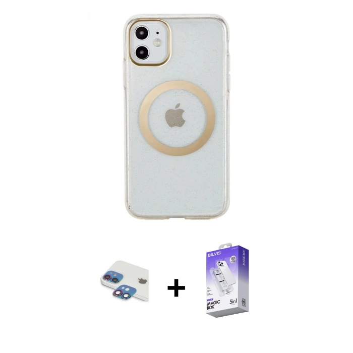MARSİLYAN™- iPhone 11 Kılıf Pusula Form - Siyah Bilvis 5in1 3D Magic Cam Ekran Koruyucu + Pers Alüminyum Kamera Lens - GI