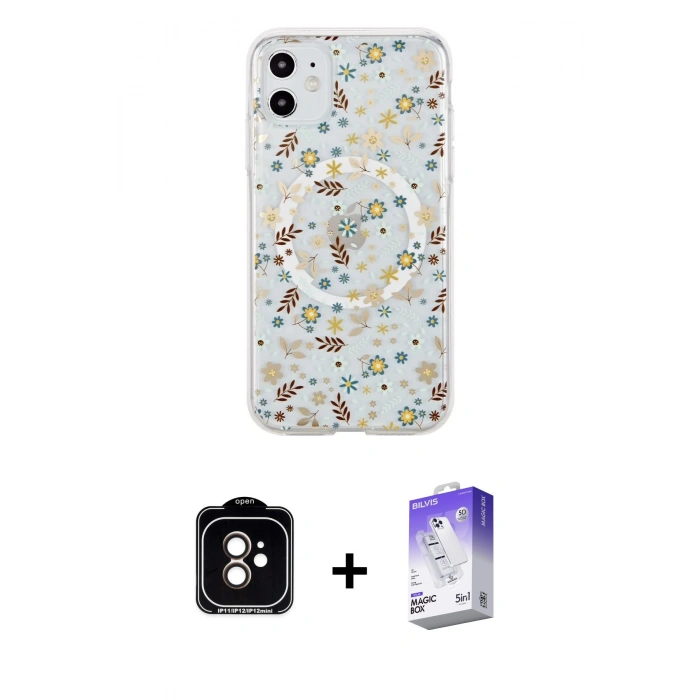 MARSİLYAN™- iPhone 11 Kılıf Pusula Form - Siyah Bilvis 5in1 3D Magic Cam Ekran Koruyucu + PVD Metal Kamera Lens - TU