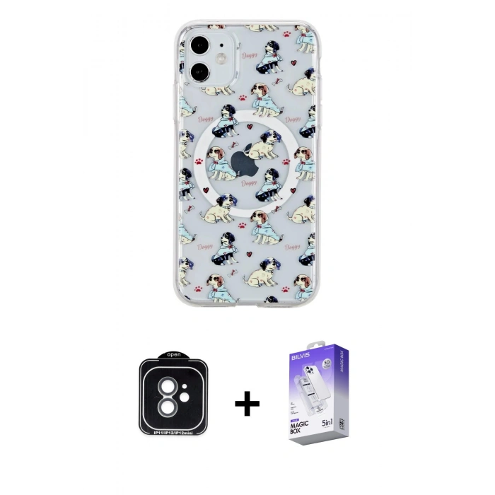 MARSİLYAN™- iPhone 11 Kılıf Pusula Form - Siyah Bilvis 5in1 3D Magic Cam Ekran Koruyucu + PVD Metal Kamera Lens - YL