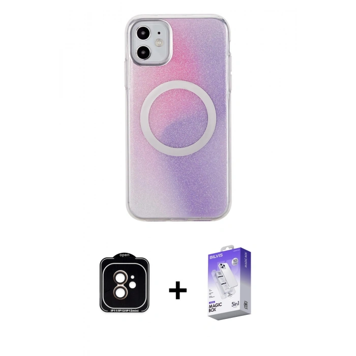 MARSİLYAN™- iPhone 11 Kılıf Pusula Form - Siyah Bilvis 5in1 3D Magic Cam Ekran Koruyucu + PVD Metal Kamera Lens - TU