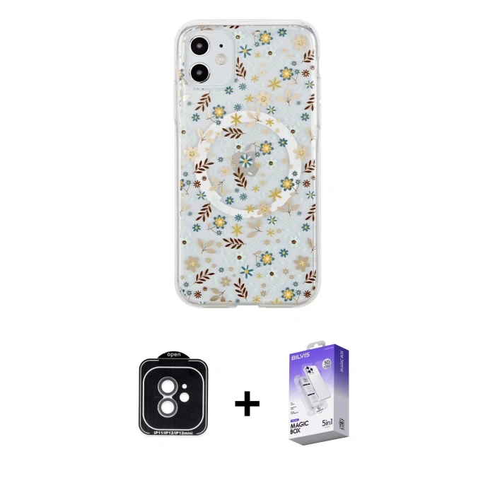 MARSİLYAN™- iPhone 11 Kılıf Pusula Form - Siyah Bilvis 5in1 3D Magic Cam Ekran Koruyucu + PVD Metal Kamera Lens - YL