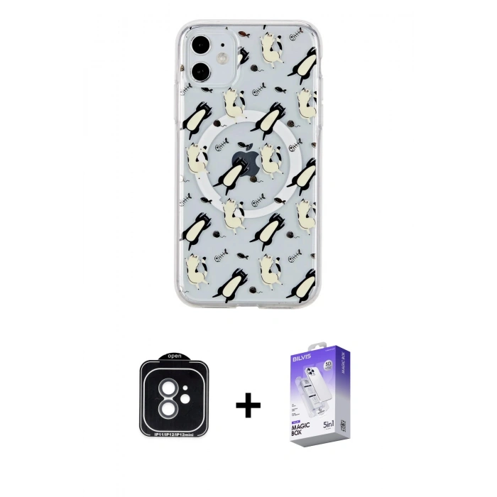 MARSİLYAN™- iPhone 11 Kılıf Pusula Form - Siyah Bilvis 5in1 3D Magic Cam Ekran Koruyucu + PVD Metal Kamera Lens - YL