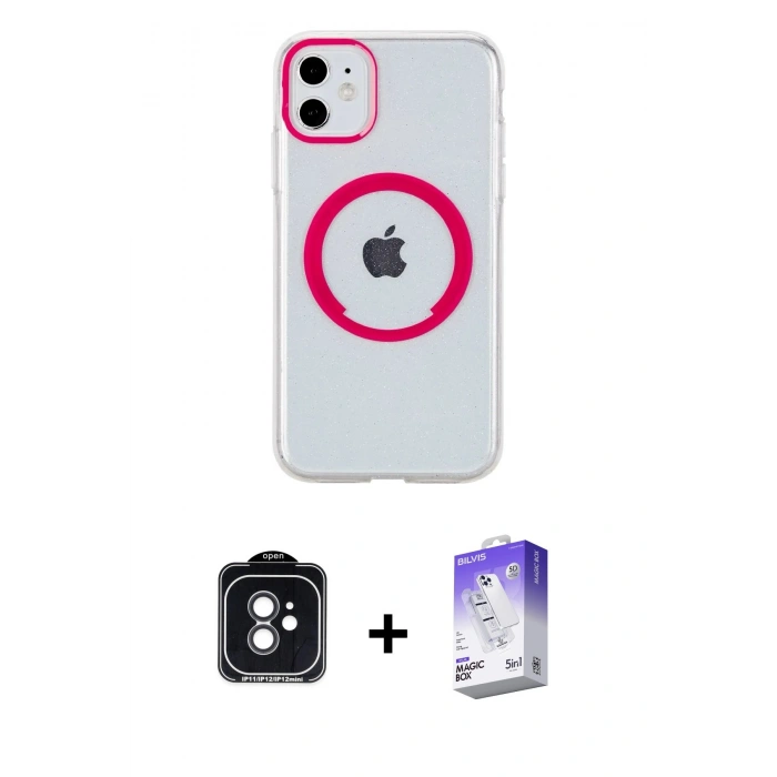 MARSİLYAN™- iPhone 11 Kılıf Pusula Form - Siyah Bilvis 5in1 3D Magic Cam Ekran Koruyucu + PVD Metal Kamera Lens - SH
