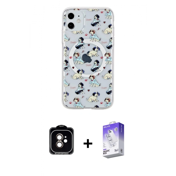 MARSİLYAN™- iPhone 11 Kılıf Pusula Form - Siyah Bilvis 5in1 3D Magic Cam Ekran Koruyucu + PVD Metal Kamera Lens - TU
