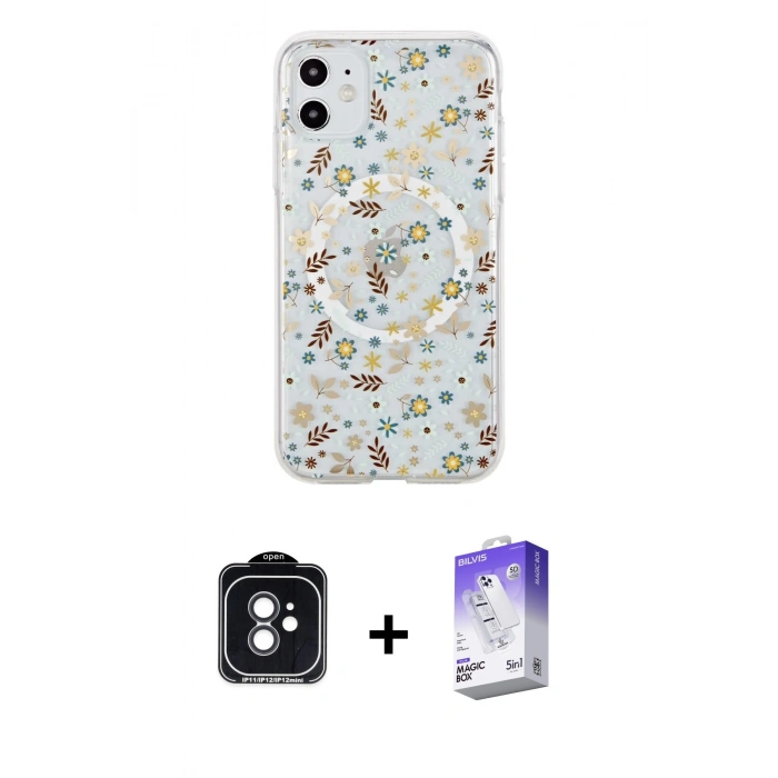 MARSİLYAN™- iPhone 11 Kılıf Pusula Form - Siyah Bilvis 5in1 3D Magic Cam Ekran Koruyucu + PVD Metal Kamera Lens - SH