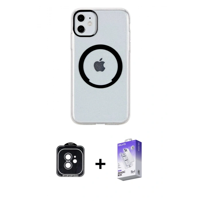 MARSİLYAN™- iPhone 11 Kılıf Pusula Form - Siyah Bilvis 5in1 3D Magic Cam Ekran Koruyucu + PVD Metal Kamera Lens - SH