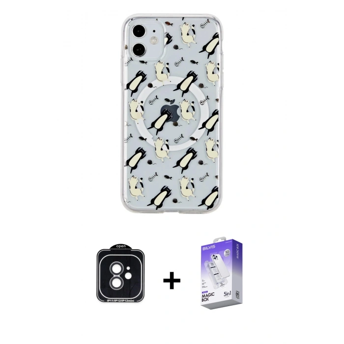 MARSİLYAN™- iPhone 11 Kılıf Pusula Form - Siyah Bilvis 5in1 3D Magic Cam Ekran Koruyucu + PVD Metal Kamera Lens - SH