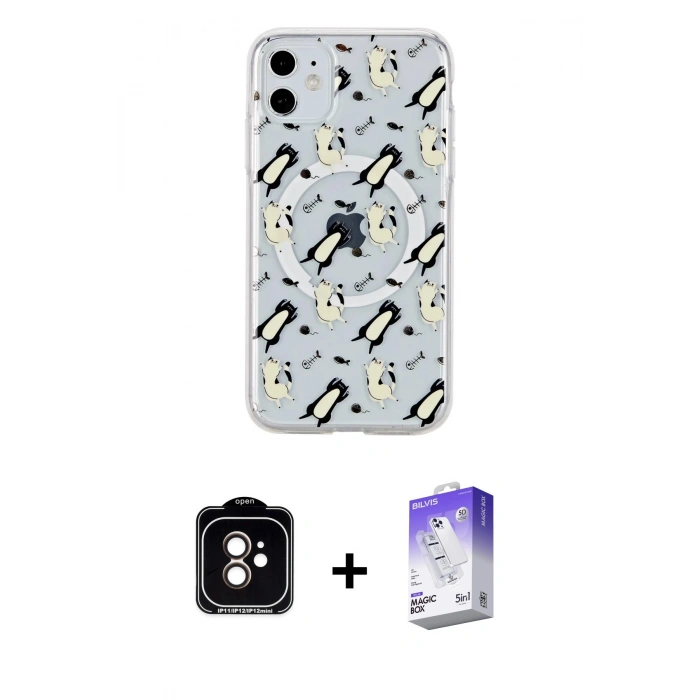 MARSİLYAN™- iPhone 11 Kılıf Pusula Form - Siyah Bilvis 5in1 3D Magic Cam Ekran Koruyucu + PVD Metal Kamera Lens - TU