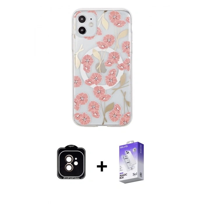 MARSİLYAN™- iPhone 11 Kılıf Pusula Form - Siyah Bilvis 5in1 3D Magic Cam Ekran Koruyucu + PVD Metal Kamera Lens - TU