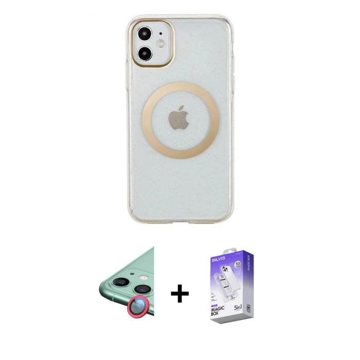MARSİLYAN™- iPhone 11 Kılıf Pusula Form - Siyah Bilvis 5in1 3D Magic Cam Ekran Koruyucu + Raze Metal Kamera Lens - KI
