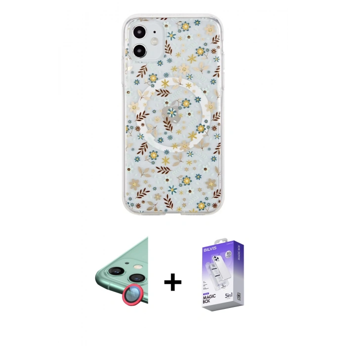MARSİLYAN™- iPhone 11 Kılıf Pusula Form - Siyah Bilvis 5in1 3D Magic Cam Ekran Koruyucu + Raze Metal Kamera Lens - KI