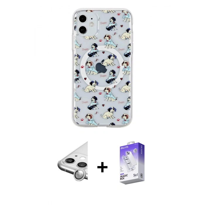 MARSİLYAN™- iPhone 11 Kılıf Pusula Form - Siyah Bilvis 5in1 3D Magic Cam Ekran Koruyucu + Raze Metal Kamera Lens - GS