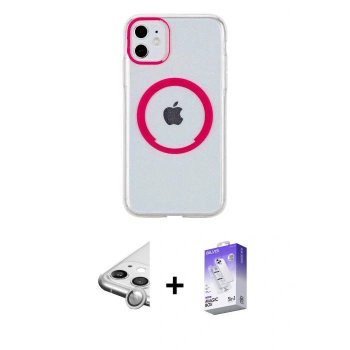 MARSİLYAN™- iPhone 11 Kılıf Pusula Form - Siyah Bilvis 5in1 3D Magic Cam Ekran Koruyucu + Raze Metal Kamera Lens - GS