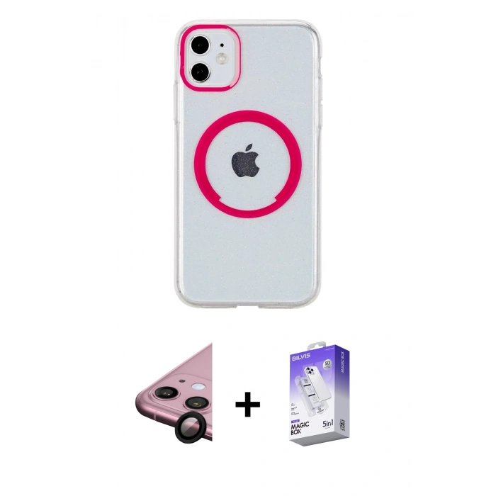 MARSİLYAN™- iPhone 11 Kılıf Pusula Form - Siyah Bilvis 5in1 3D Magic Cam Ekran Koruyucu + Raze Metal Kamera Lens - SH