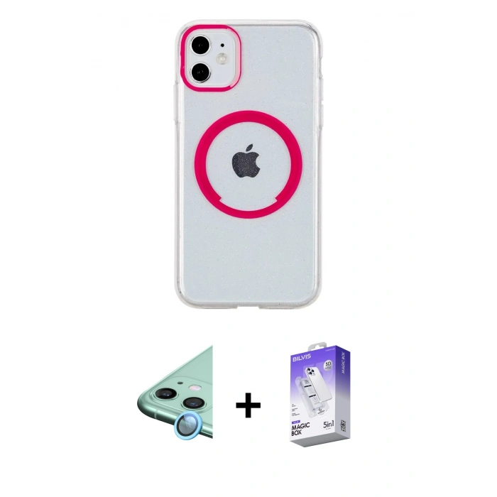 MARSİLYAN™- iPhone 11 Kılıf Pusula Form - Siyah Bilvis 5in1 3D Magic Cam Ekran Koruyucu + Raze Metal Kamera Lens - MI