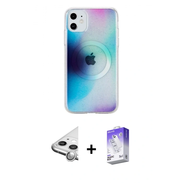 MARSİLYAN™- iPhone 11 Kılıf Pusula Form - Siyah Bilvis 5in1 3D Magic Cam Ekran Koruyucu + Raze Metal Kamera Lens - GS