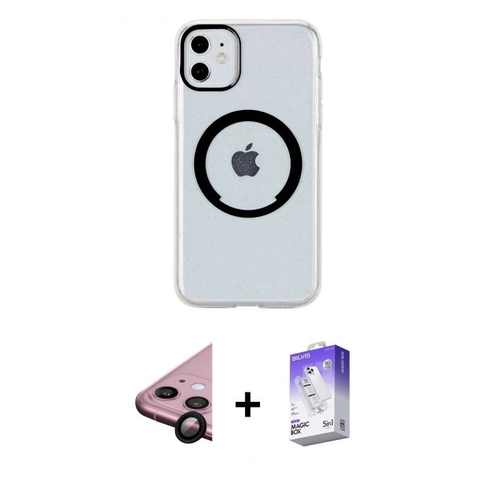 MARSİLYAN™- iPhone 11 Kılıf Pusula Form - Siyah Bilvis 5in1 3D Magic Cam Ekran Koruyucu + Raze Metal Kamera Lens - SH