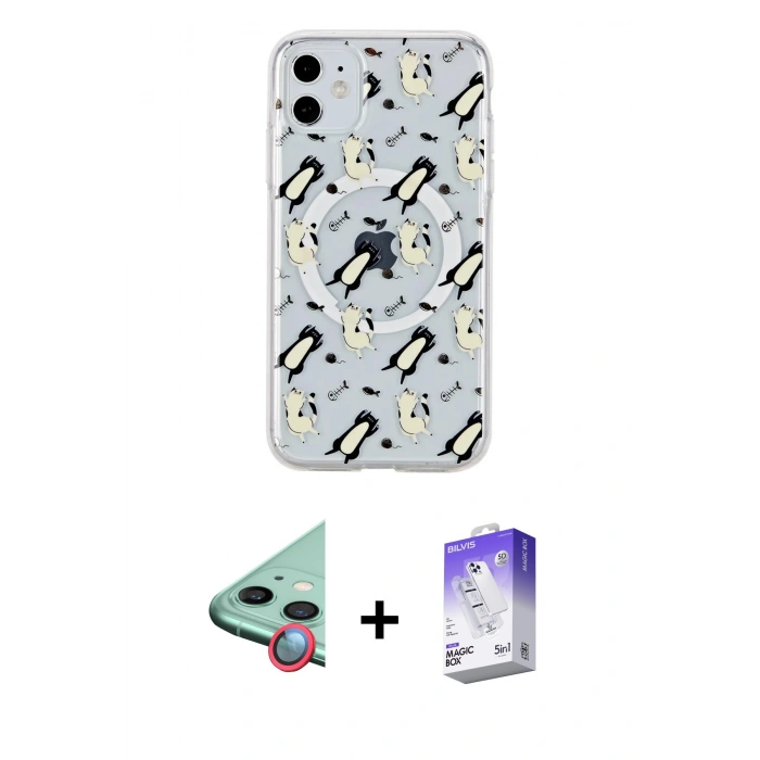 MARSİLYAN™- iPhone 11 Kılıf Pusula Form - Siyah Bilvis 5in1 3D Magic Cam Ekran Koruyucu + Raze Metal Kamera Lens - KI
