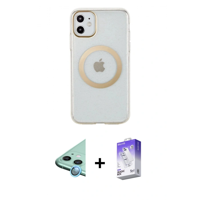 MARSİLYAN™- iPhone 11 Kılıf Pusula Form - Siyah Bilvis 5in1 3D Magic Cam Ekran Koruyucu + Raze Metal Kamera Lens - MI