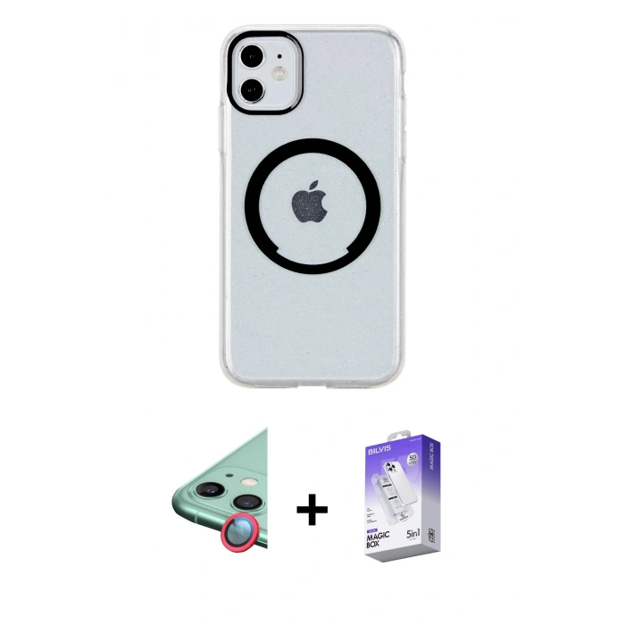 MARSİLYAN™- iPhone 11 Kılıf Pusula Form - Siyah Bilvis 5in1 3D Magic Cam Ekran Koruyucu + Raze Metal Kamera Lens - KI