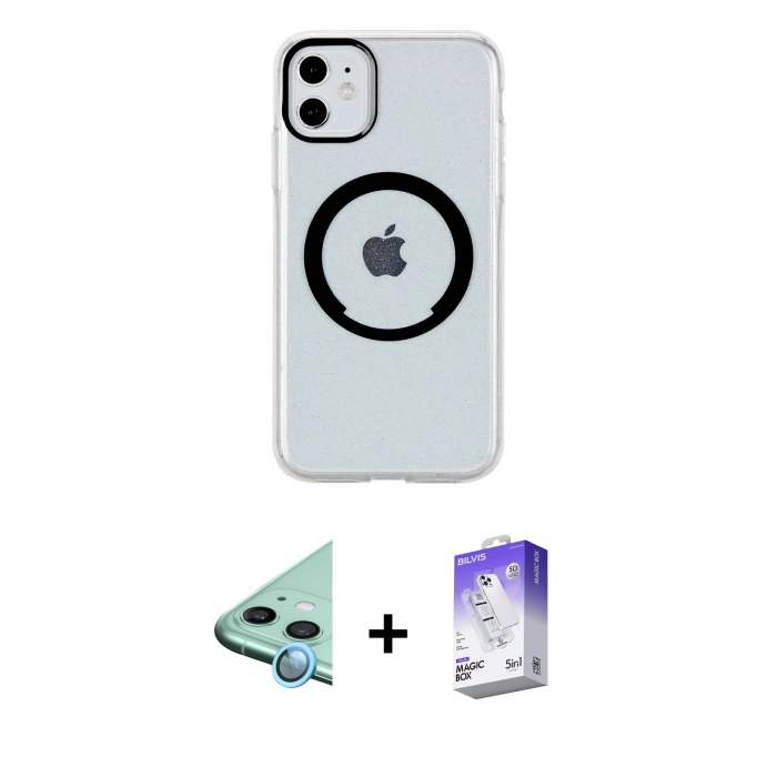MARSİLYAN™- iPhone 11 Kılıf Pusula Form - Siyah Bilvis 5in1 3D Magic Cam Ekran Koruyucu + Raze Metal Kamera Lens - MI