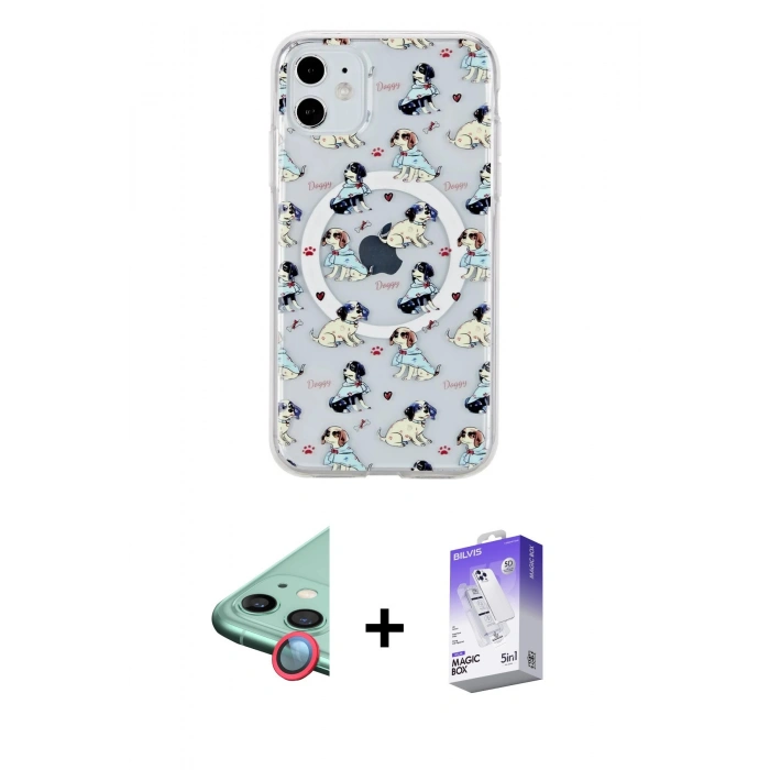 MARSİLYAN™- iPhone 11 Kılıf Pusula Form - Siyah Bilvis 5in1 3D Magic Cam Ekran Koruyucu + Raze Metal Kamera Lens - KI