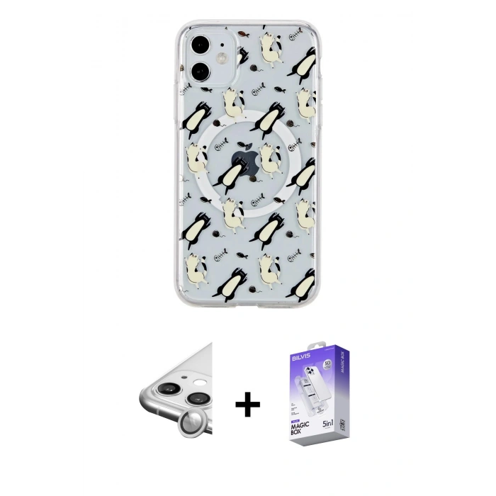 MARSİLYAN™- iPhone 11 Kılıf Pusula Form - Siyah Bilvis 5in1 3D Magic Cam Ekran Koruyucu + Raze Metal Kamera Lens - GS