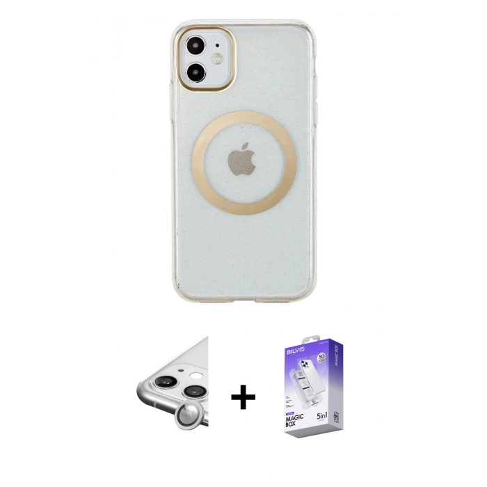 MARSİLYAN™- iPhone 11 Kılıf Pusula Form - Siyah Bilvis 5in1 3D Magic Cam Ekran Koruyucu + Raze Metal Kamera Lens - GS