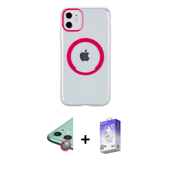 MARSİLYAN™- iPhone 11 Kılıf Pusula Form - Siyah Bilvis 5in1 3D Magic Cam Ekran Koruyucu + Raze Metal Kamera Lens - KI