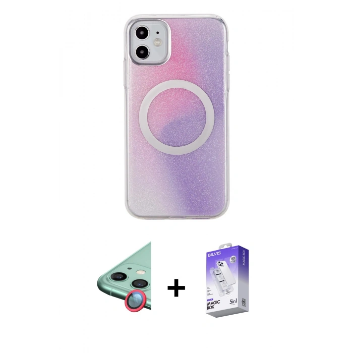 MARSİLYAN™- iPhone 11 Kılıf Pusula Form - Siyah Bilvis 5in1 3D Magic Cam Ekran Koruyucu + Raze Metal Kamera Lens - KI