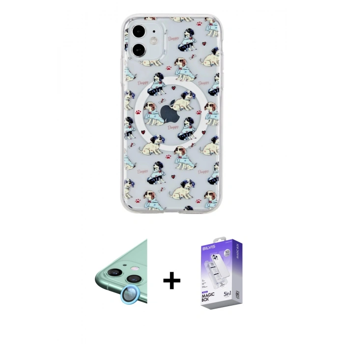 MARSİLYAN™- iPhone 11 Kılıf Pusula Form - Siyah Bilvis 5in1 3D Magic Cam Ekran Koruyucu + Raze Metal Kamera Lens - MI