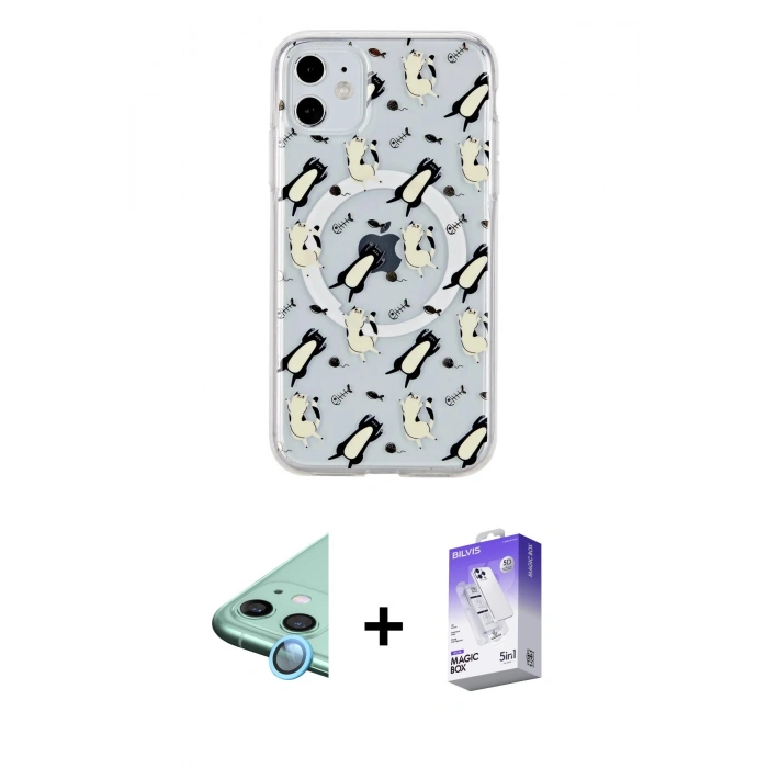 MARSİLYAN™- iPhone 11 Kılıf Pusula Form - Siyah Bilvis 5in1 3D Magic Cam Ekran Koruyucu + Raze Metal Kamera Lens - MI