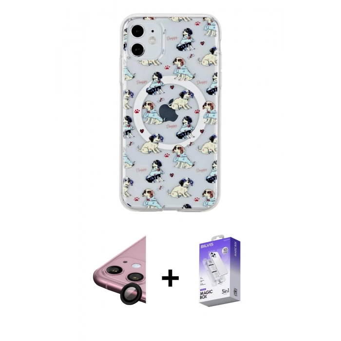 MARSİLYAN™- iPhone 11 Kılıf Pusula Form - Siyah Bilvis 5in1 3D Magic Cam Ekran Koruyucu + Raze Metal Kamera Lens - SH