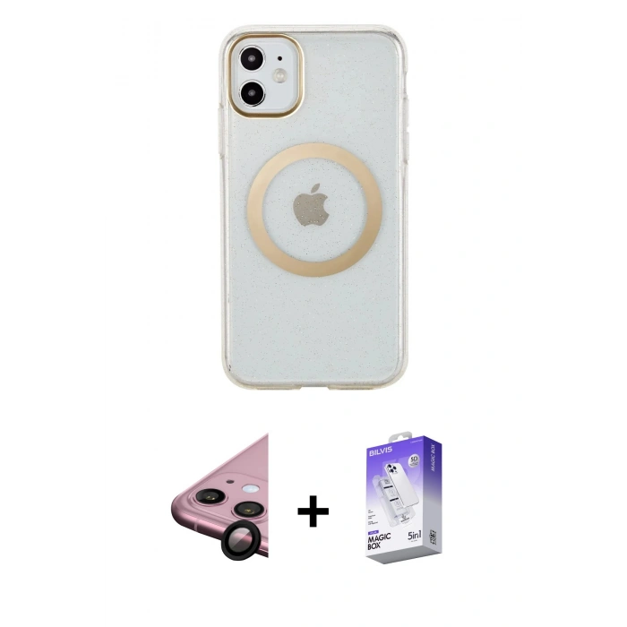 MARSİLYAN™- iPhone 11 Kılıf Pusula Form - Siyah Bilvis 5in1 3D Magic Cam Ekran Koruyucu + Raze Metal Kamera Lens - SH